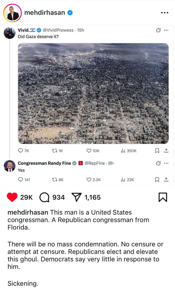 In response to a photo, member of Congress Randy Fine wrote that Gaza deserved to be obliterated.