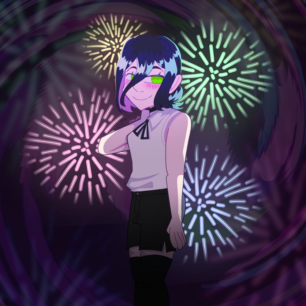 Reze stands in the middle of what looks to be fireworks, smiling at the camera. Her far hand is tucked by her collar for... no particular reason. 