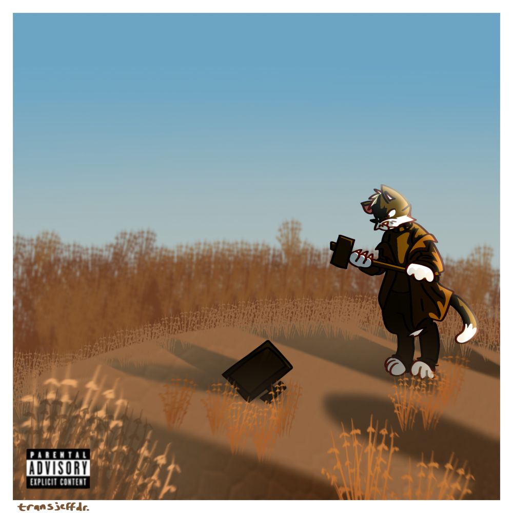 Eliminate (depicted as an anthro tuxedo cat wearing a long brown coat over a black turtleneck & ripped jeans) holds a mallet to the right of the image. A computer sits close to the center line. They are stood in a wild grassy area in mid-day as indicated by the blue sky. The image has a white border & "parental advisory" sticker in the lower-left corner.