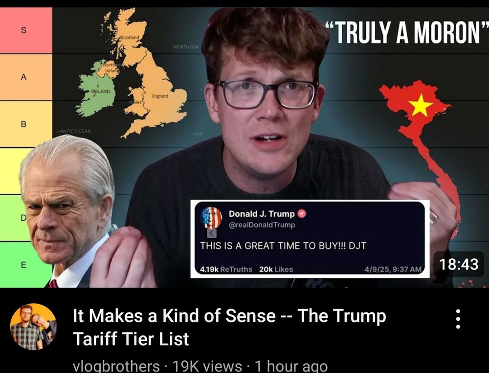 Screenshot of Youtube card of the video The Trump Tariff Tier List by Hank Green