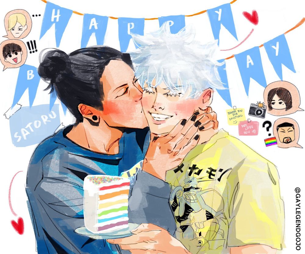 fanart for gojo's birthday, teen suguru is kissing his cheek while he smiles holding a slice of rainbow cake. shoko, yaga, nanami and haibara react 
