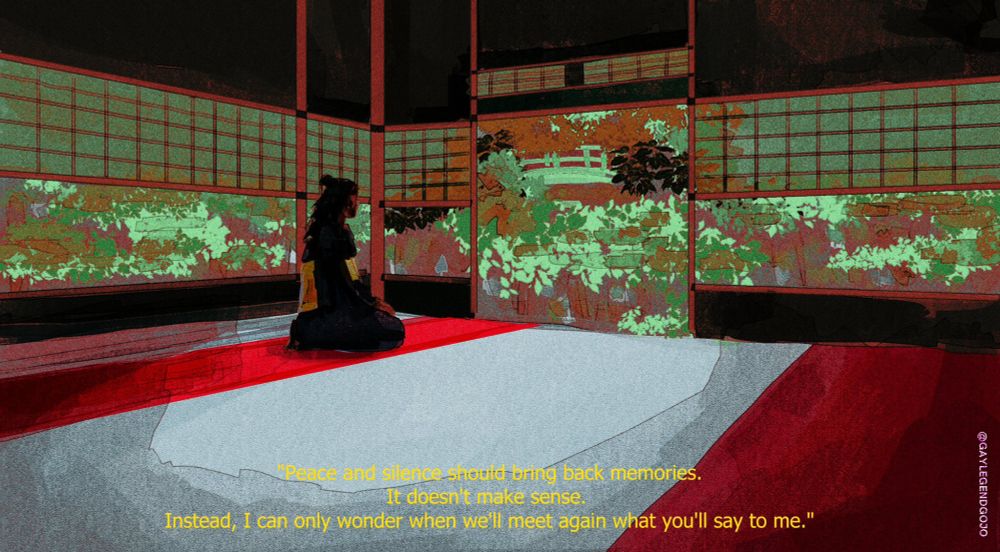 background study, the inside of a traditional japanese house (with some liberties), tatami mat flooring, very large shoji-style windows through which an intricate garden can be seen; geto is kneeling on a bright red carpet and staring outside; his thoughts: "peace and silence should bring back memories. it doesn't make sense. instead, i can only wonder when we'll meet again what you'll say to me."