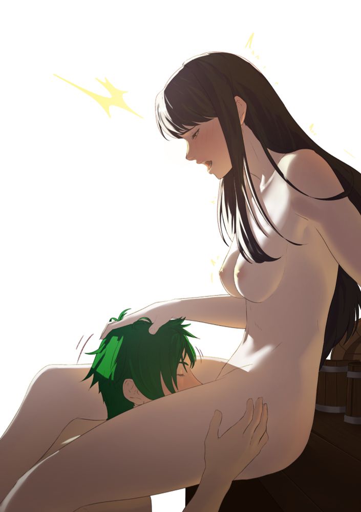 An image of Sothe and Astrid from Fire Emblem: Radiant Dawn, drawn by Pomelomelon. Both of them are fully nude. Astrid is sitting on the edge of a table while Sothe kneels down, his head between Astrid's thighs as he (implicitly) devours Astrid's pussy. Astrid is moaning in pleasure and has a hand on Sothe's head as a result of Sothe's "skills."