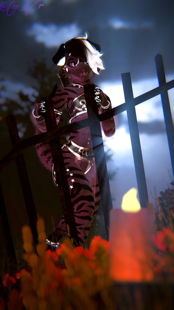 I’m behind a black iron fence at night, leaning toward the bars. The moon catches my striped fur and the shiny parts of my outfit. There’s a blurry candle and red flowers in front of me. My mask covers my mouth; my eyes peek over the fence.  It’s quiet, a little spooky, like I’m saying boo softly.