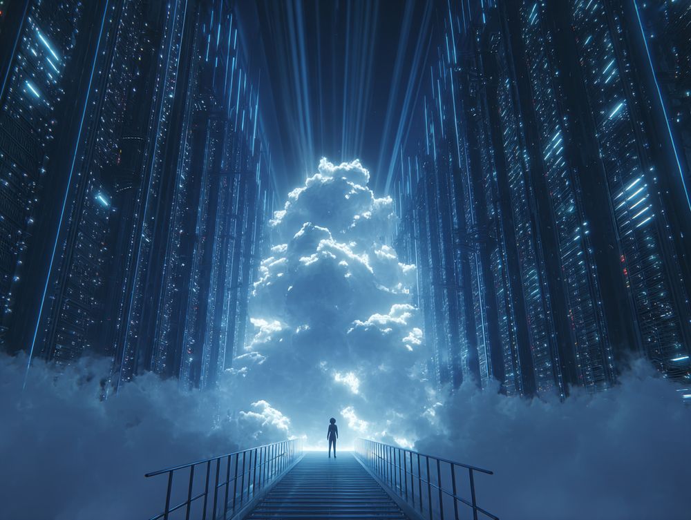 A wide, cinematic anime shot of a vast, futuristic data center, its lights glowing like a city at night. A single engineer stands on a gantry, looking up as dramatic god rays of light break through the clouds above, illuminating the facility. The style is highly detailed, sharp-lined historical anime, with cel shading and a mood of awe and immense scale.