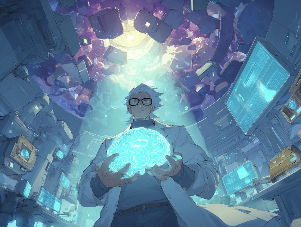 A highly detailed, cinematic manga panel in historical anime style. The scene features a lone scientist in a sleek, futuristic lab, clutching a glowing, translucent brain-shaped hologram that pulses with fractal patterns. Behind them, a massive quantum computer hums silently, its lights dimmed to reveal a single beam of light piercing through the darkness like a divine spotlight. The scientist’s face is illuminated with a mix of awe and determination, reflecting the tension between human ambition and machine intelligence. The setting is a sterile, high-tech laboratory with floating UI panels and soft blue ambient lighting. The mood is hopeful yet introspective, capturing the duality of scientific progress and ethical responsibility. 