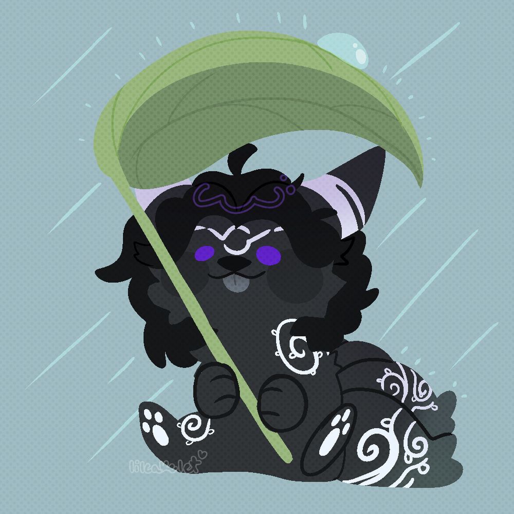 a teeny kitsune holding a big leaf to protect from rain 