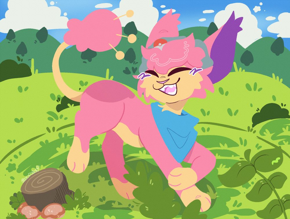 an image of a skitty with a blue bandana frolicking through the plains 