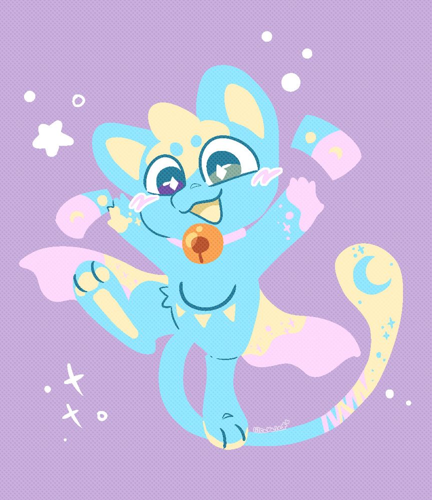 a shiny mew/jirachi fusion kicking one leg in the air and looking happy