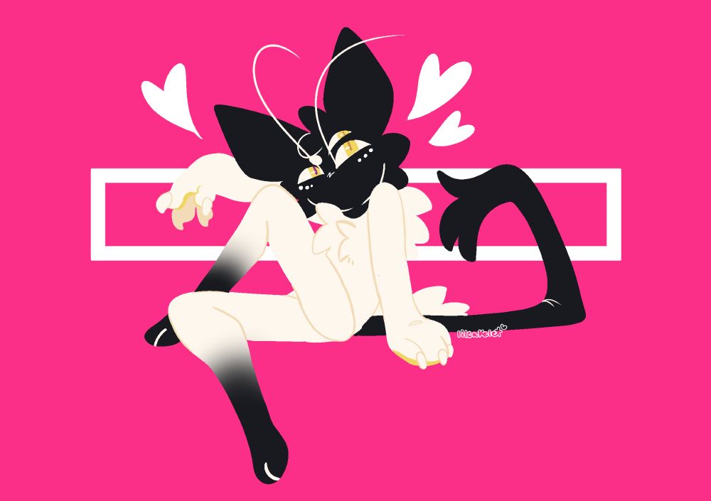 an image of a cat like alien sitting with one leg crossed over the other and their other arm sticking out. there are white hearts over a red background