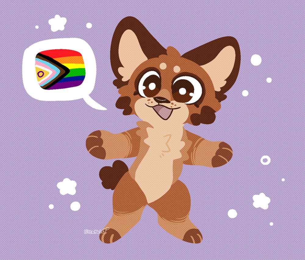 the bipoc fur discord mascot unity standing with their arms spread. in a speech bubble is the progress pride flag 