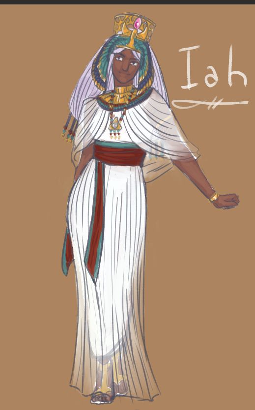 Concept art of my OC Iah. She appears to be an Egyptian queen, with a sheer white dress and gold accessories, a winged crown, lavender hair, a red and teal waistband wrapped around. 