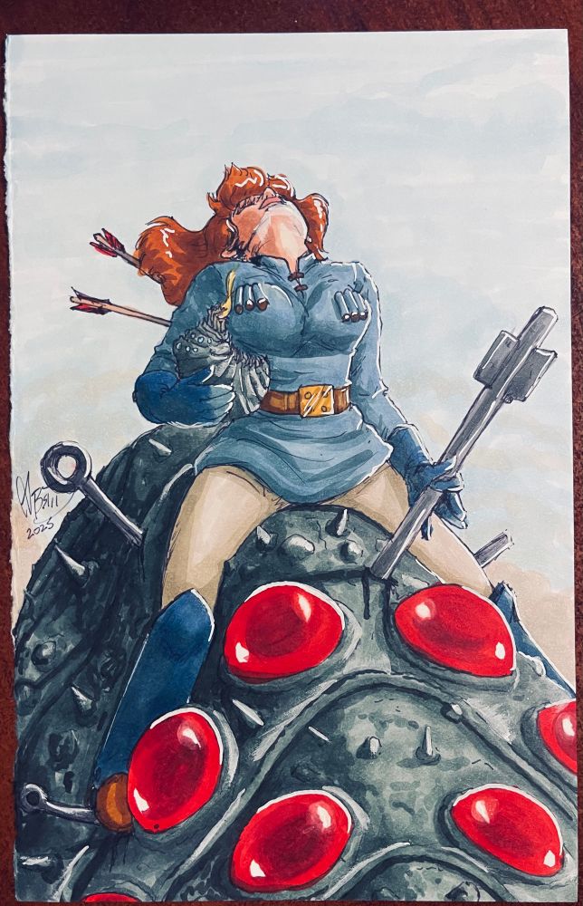 A drawing of Nausicaa riding an adolescent Ohmu with many javelins in its carapace. Nausicaa is holding a tiny Ohmu in one arm and griping one of the javelins with the other. Her head is thrown back in pain as two arrows are lodged in her back. 