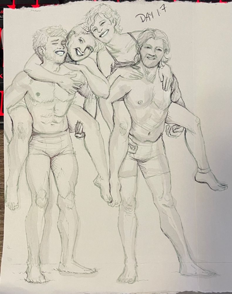 A detailed sketch in greys of day 17 of the draw everything challenge. Featuring 4 people- two men piggy-backing two women.