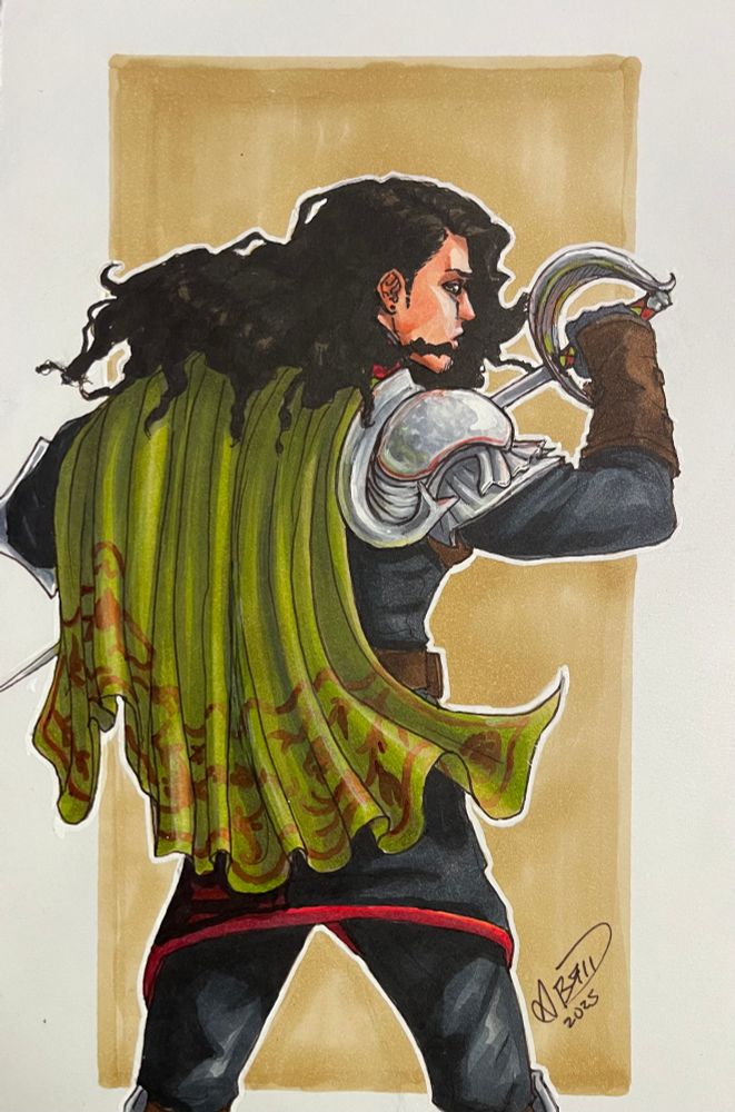 Sir Julien Davinos from CriticalRole campaign 4. Julien’S back is to the camera, unsheathing his rapier and looking over his shoulder to camera. Marker ink on paper.