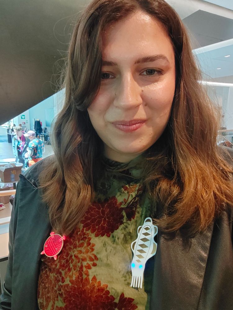 A selfie of me wearing the LED pins described in the previous photo. 