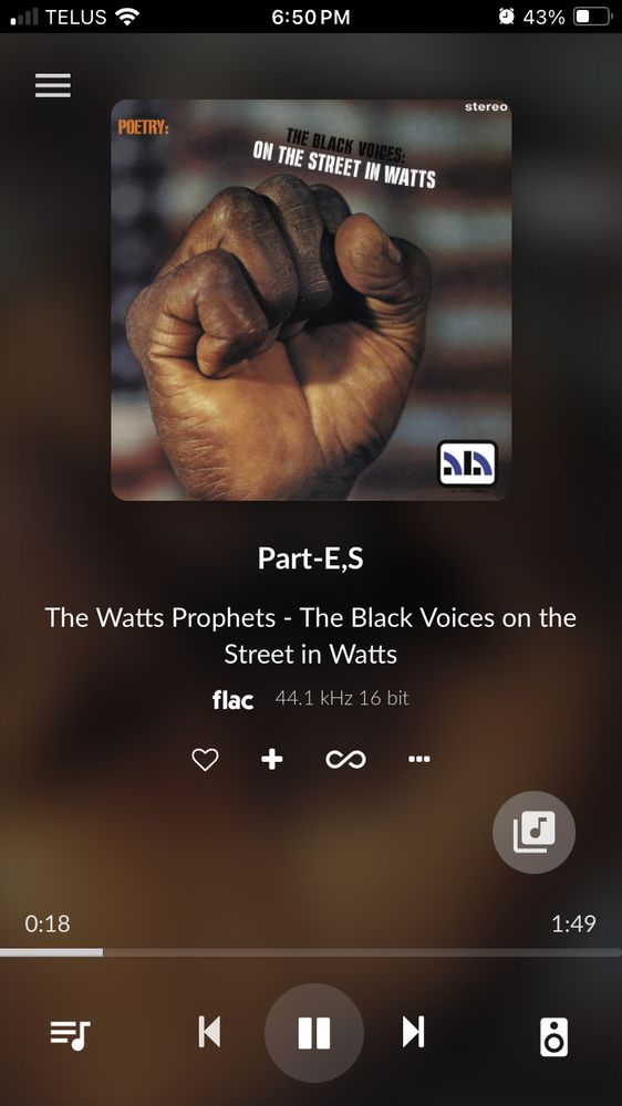 A screenshot from my music handling software showing The Watts Prophets’ 1968 album “Black Voices on the Streets in Watts” playing. The album cover is a black person’s fist raised in front of a blurred background American flag.