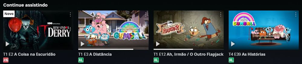print da aba "continue assistindo" da hbo max com Welcome to Derry, O Incrível Mundo de Gumball, As Trabalhadas de Flapjack e O MUndo Maravilhosamente Estranho de Gumball