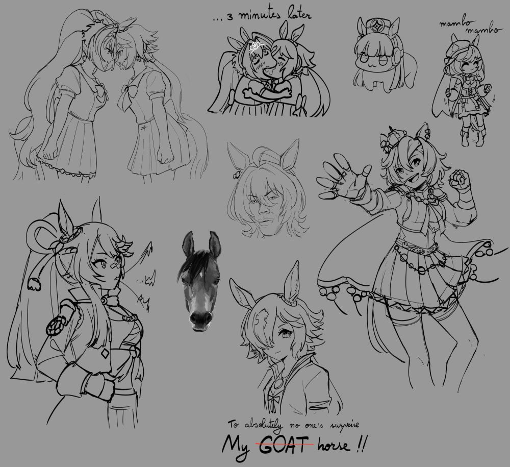 uma musume sketches. Characters included: Vodka, Daiwa Scarlet, Gold Ship, Matikanetanhausser (mambo), Agnes Tachyon, Narita Brian, T.M. Opera O, normal ahh horse head