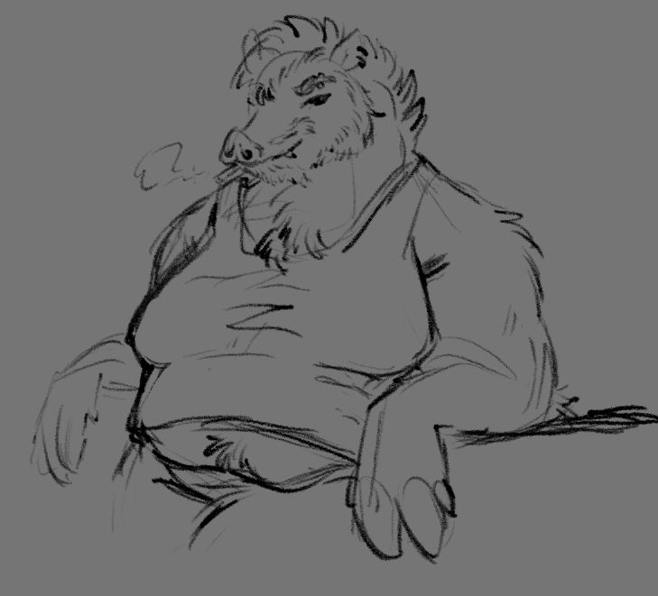 An un-colored, waist-up sketch of a peccary, against a grey background. They're leaning back against a flat surface, looking toward the viewer with a smug sort of expression. They have a short mohawk hairstyle, along with a patchy mustache and beard. Their ear and eyebrow are pierced, and they're smoking a cigarette. They are wearing a tank top that just barely fits, exposing their midriff.