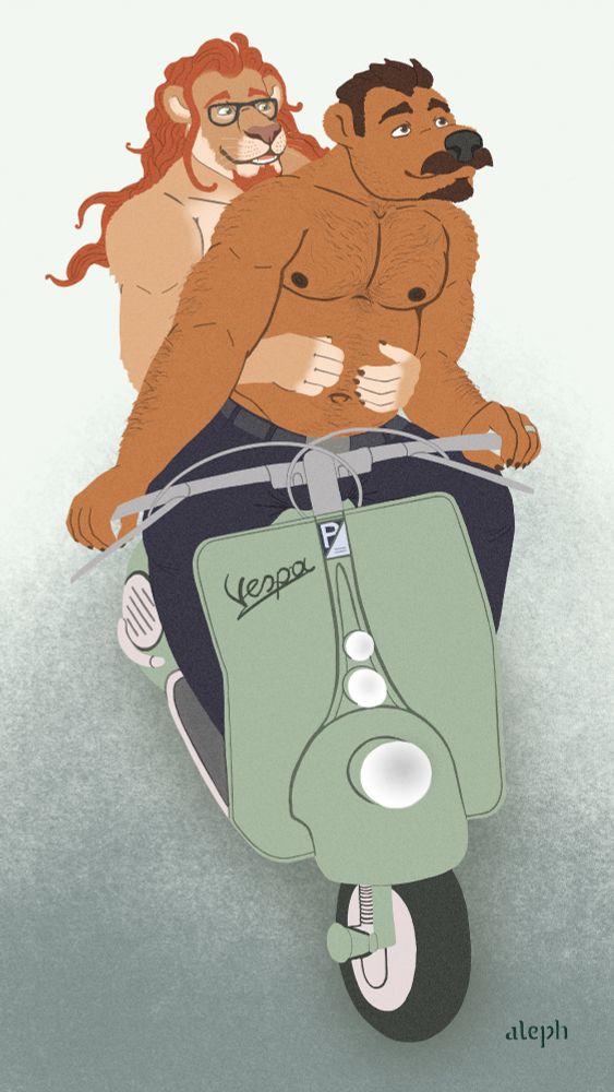 An illustration inspired by the film 'Roman holiday': an anthropomorphic lion sits behind an anthro bear, both shirtless and riding a vintage Vespa
scooter