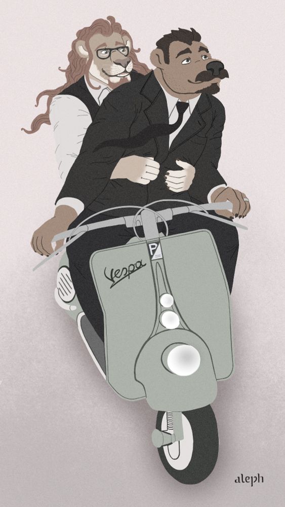 An illustration inspired by the film 'Roman holiday': an anthropomorphic lion sits beneath an anthro bear, both dressed sharply and riding a vintage Vespa scooter