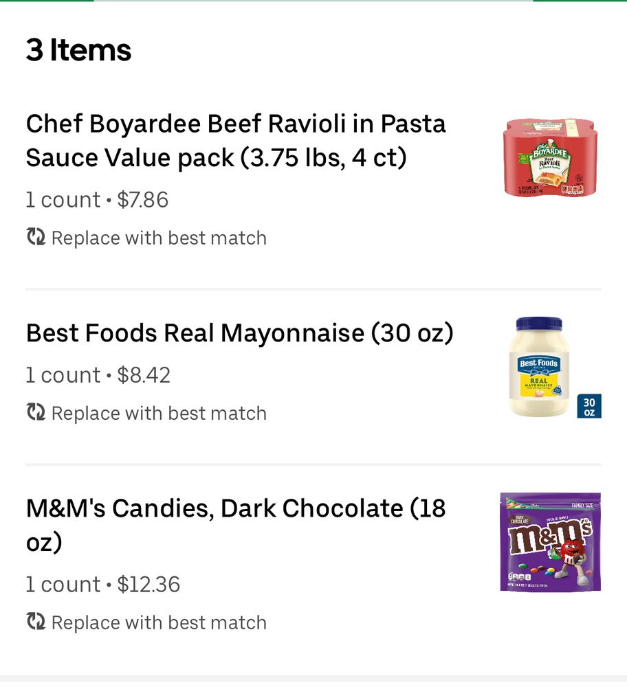 A grocery cart with three items. Chef Boyardee ravioli, mayonnaise, and dark chocolate m&ms. 