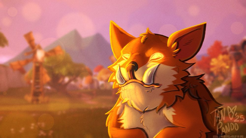 A chapaa faces the sunset, eyes closed, referencing the popular meme or a dog doing the same thing. The background features Kilima village, from Palia. A windmill can be seen. 