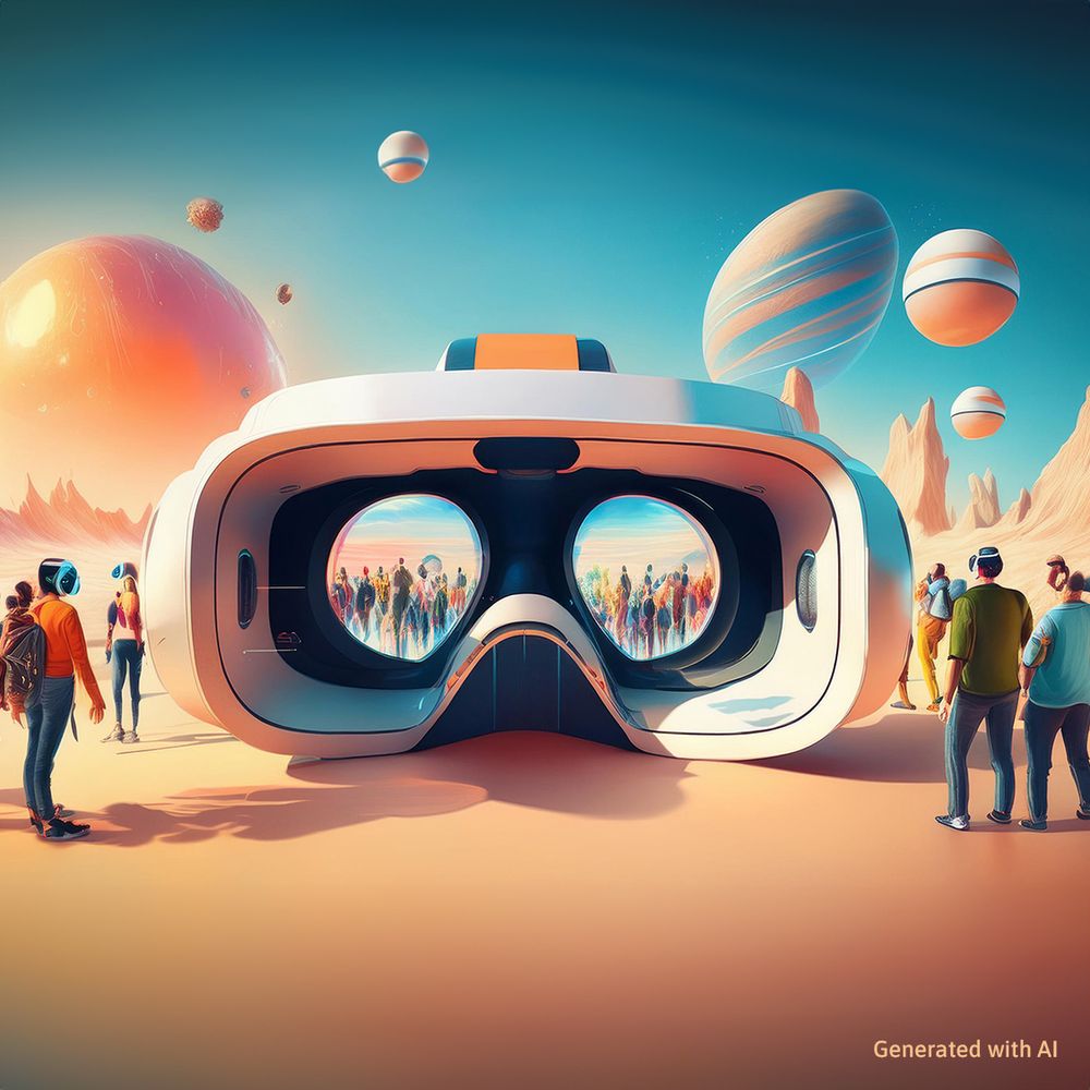 Eine Gruppe von Menschen steht vor einer Virtual-Reality-Brille. KI generiertes Bild. 