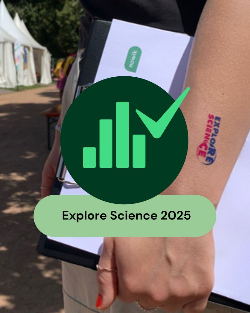 Eine Person, die ein Clipboard hält. In der Mitte ein grünes Icon, das auf das Thema Evaluation hinweist. 
Darunter die Wörter: Explore Science 2025