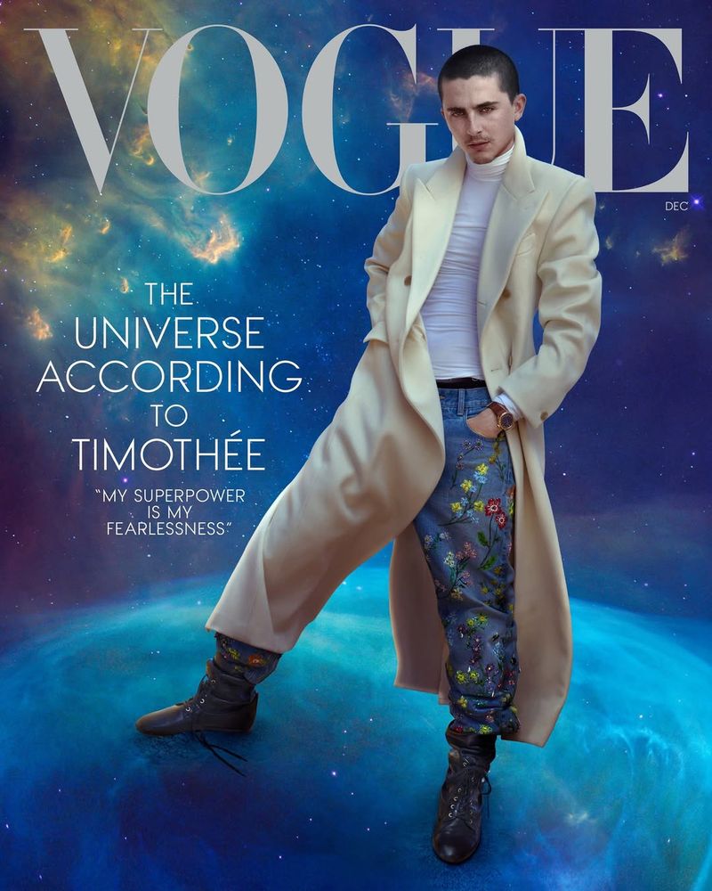 Timothee Chalamet on the cover of December Vogue by Annie Leibovitz, he is standing in space. it screams graphic design is my passion.