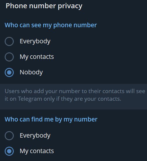 Screenshot of the UI you get when you go through those menu options, showing "Who can see my phone number" set to "Nobody" and "Who can find me by my number" set to "My contacts".