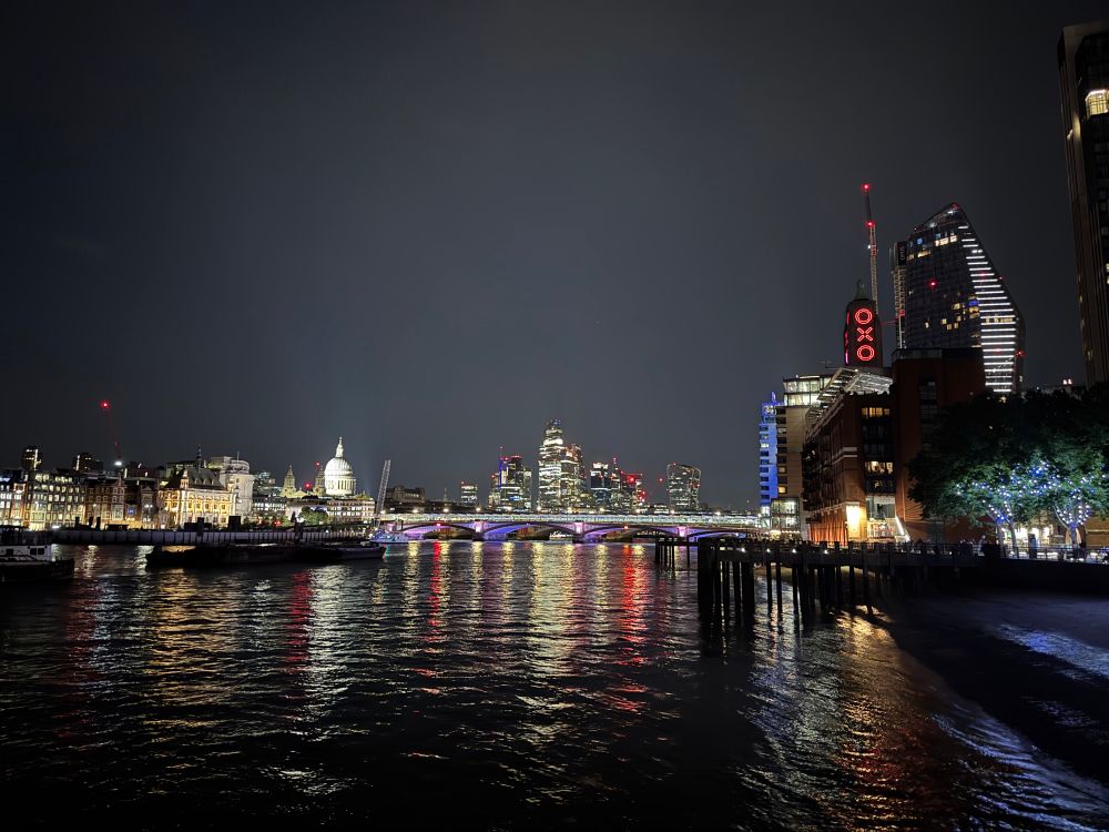 Another photo of the Thames at night, a little further along so that the trees aren’t obscuring the south bank. St Paul’s is on the left and the OXO Tower is on the right.