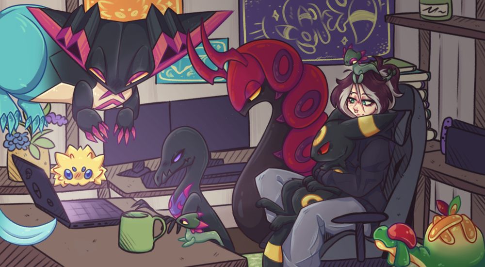 room with a person dragapult, joltik, salazzle, scolipede, umbreon, and appletun watching a laptop