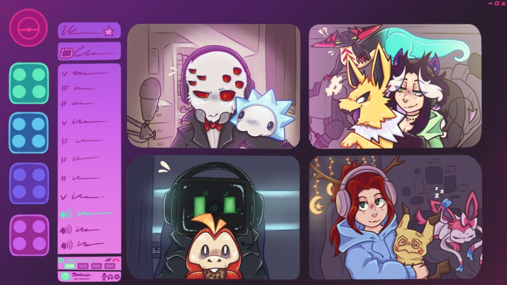 Four ocs with pokemon
Colours: lots of purple and pink with some blues and greens :P