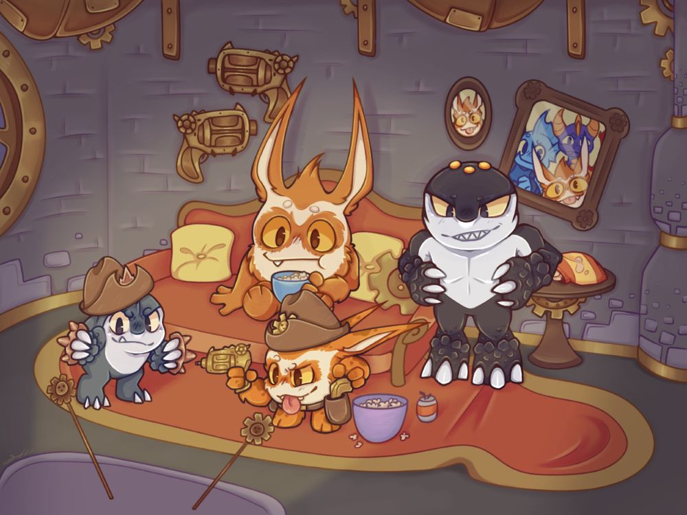 Characters Trigger Happy, Trigger Snappy, Terrafin and Terrabite from video game franchise Skylanders by Toys For Bob
They are watching a western movie together.
Prominent colours are orange, gold and grey.