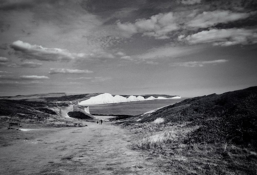 The Seven Sisters cliffs in glorious sunshine in black and white 