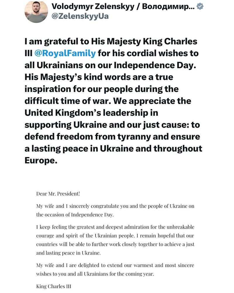 A letter from King Charles to President Zelenskyy on Ukraine Independence Day 