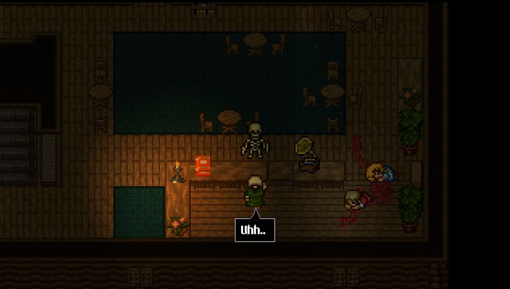 Hudson interacting with a barkeeping skeleton.
