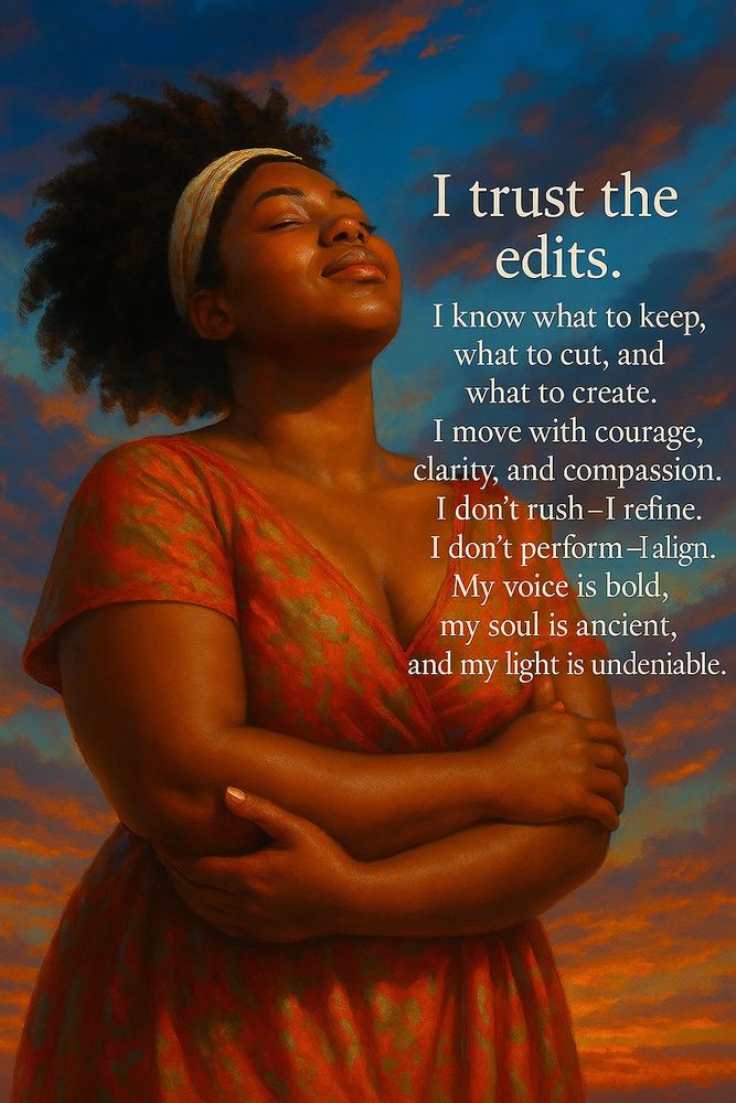 I trust the edits.
I know what to keep, what to cut, and what to create.
I move with courage, clarity, and compassion.
I don't rush-I refine.
I don't perform-1 align.
My voice is bold, my soul is ancient, and my light is undeniable.