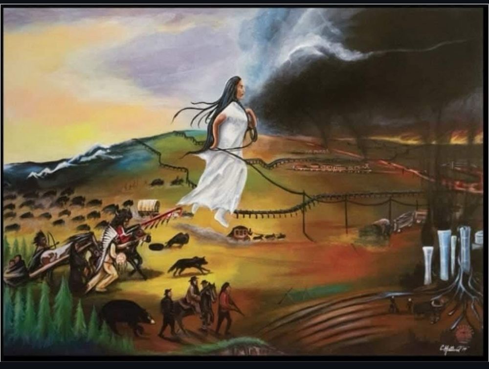 A painting of a giant indigenous woman in a white dress followed by (normal size) buffalo, bears, wolves and other indigenous ppl (some of them armed) marching over a field on turtle island towards a polluted and scorched land that calls itself The United States. 