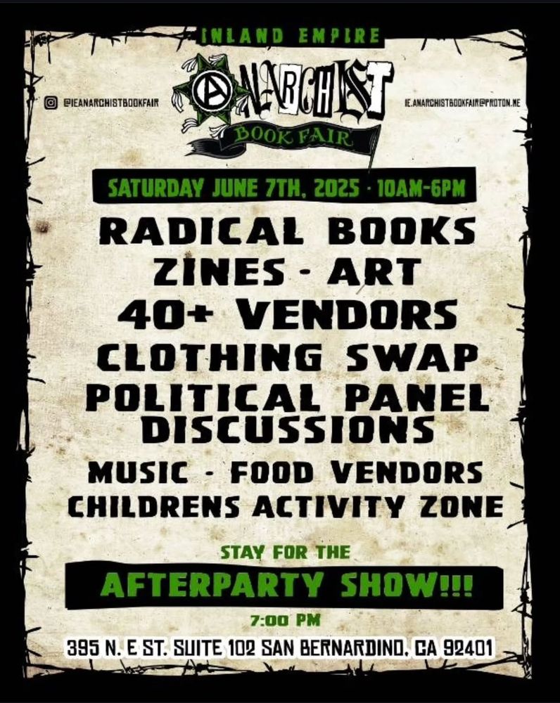 Radical books, zines. Art, 40+ vendors, clothing swap, political panel discussions, music, food, children’s activity zone and an after party at 7pm