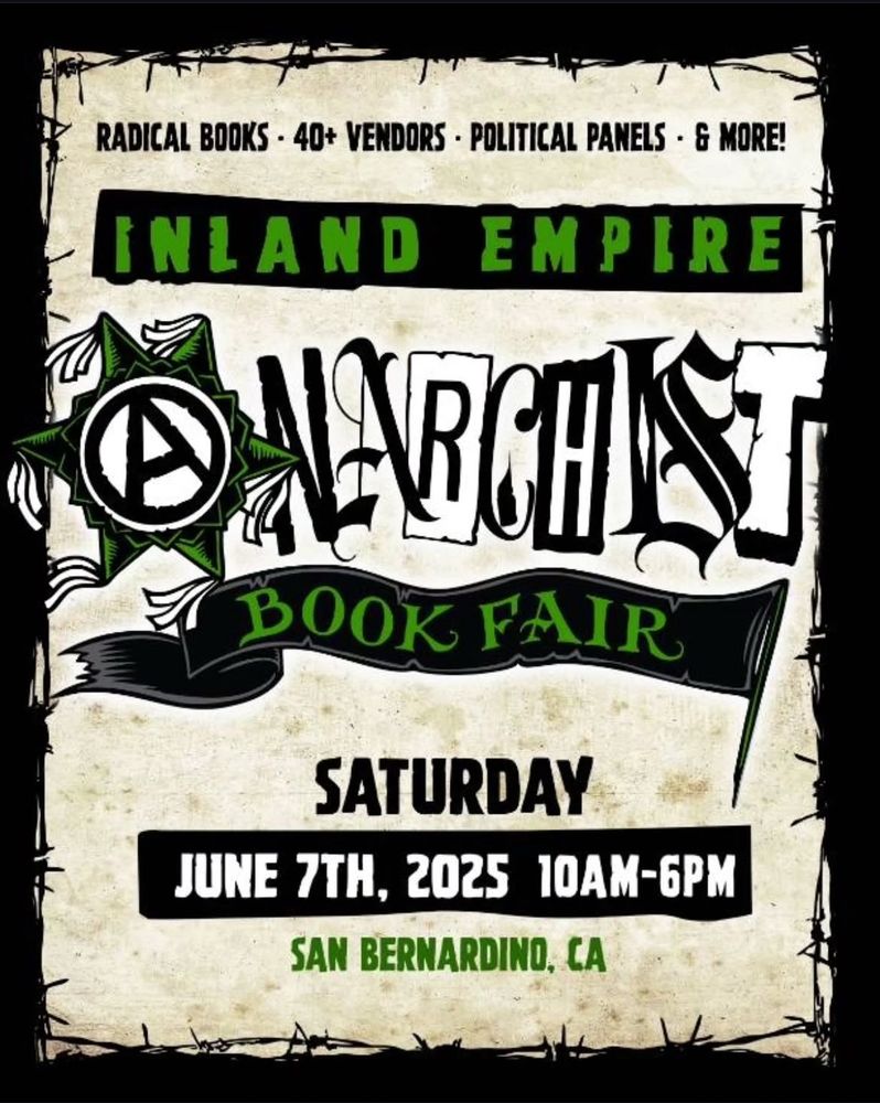 Flyer for IE anarchist book fair. Random letters with green black white and off white/tan colors 
