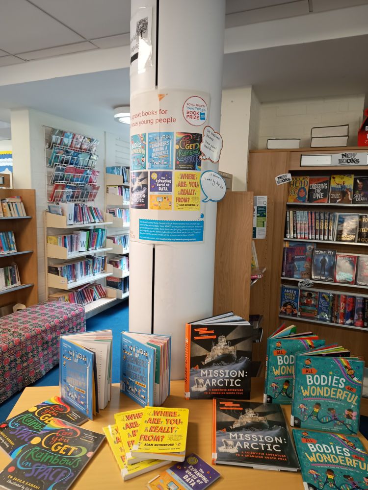 School library display showing copies of all six shortlisted book in this year's Royal Society Young People's Book Prize