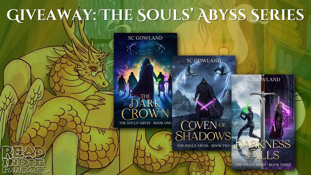 A banner image for A Month of Rain and Reads featuring a green dragon reading a book and a ghost cat playing with his tail. The text says Giveaway: The Souls' Abyss Series. It features three book covers of The Souls's Abyss books including The Dark Crown, Coven of Shadows, and Darkness Falls