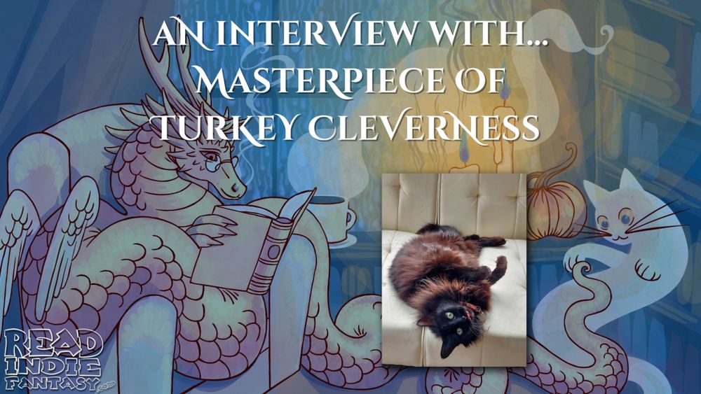 Banner image for our interview with Masterpiec of Turkey Cleverness.
The banner includes the book dragon, the ghost cat, and a picture of a cat.