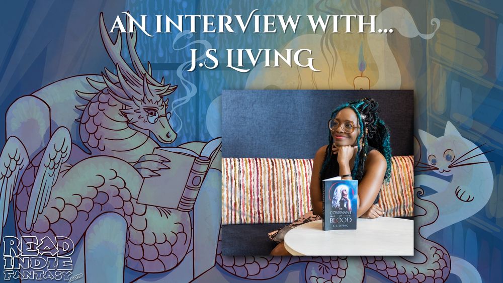 Banner image for our interview with J.S. Living. The banner features the book dragon, the ghost cat, and a picture of the author in question.