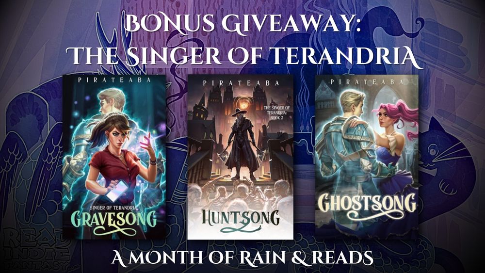 Banner image showing the prizes for the bonus giveaway. The background is very dark and you can only barely make out the book dragon and the ghost cat. Across the image are shown the covers of Graveson, Huntsong, and Ghostsong, the three books that make up the first prize of the challenge.