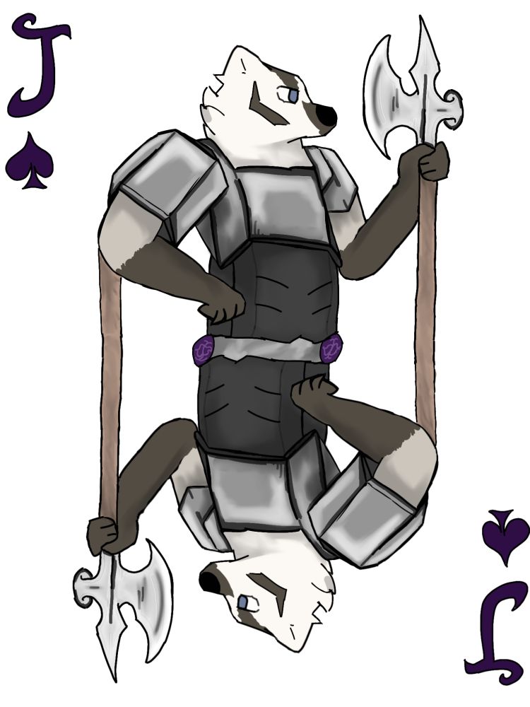 A Jack of Spades playing card with a badger in armor wielding an axe. 