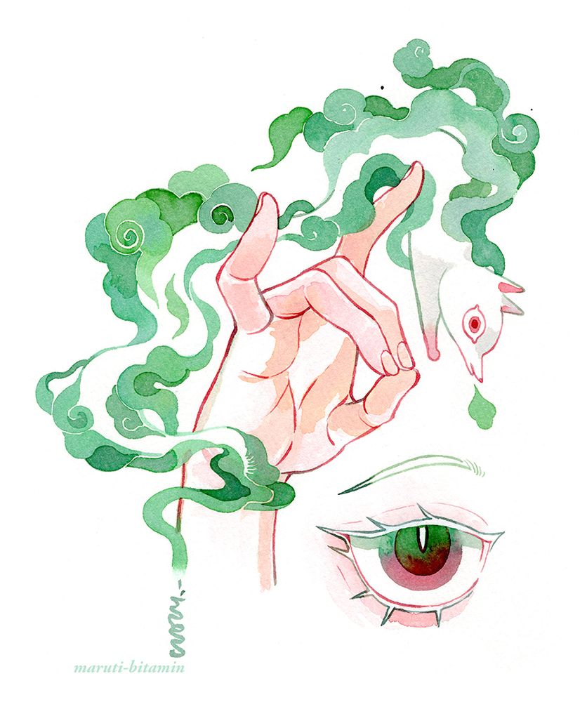 Rolling green smoke around a hand doing a fox gesture. 
It summons a small fox, coughing smoke. kon kon
